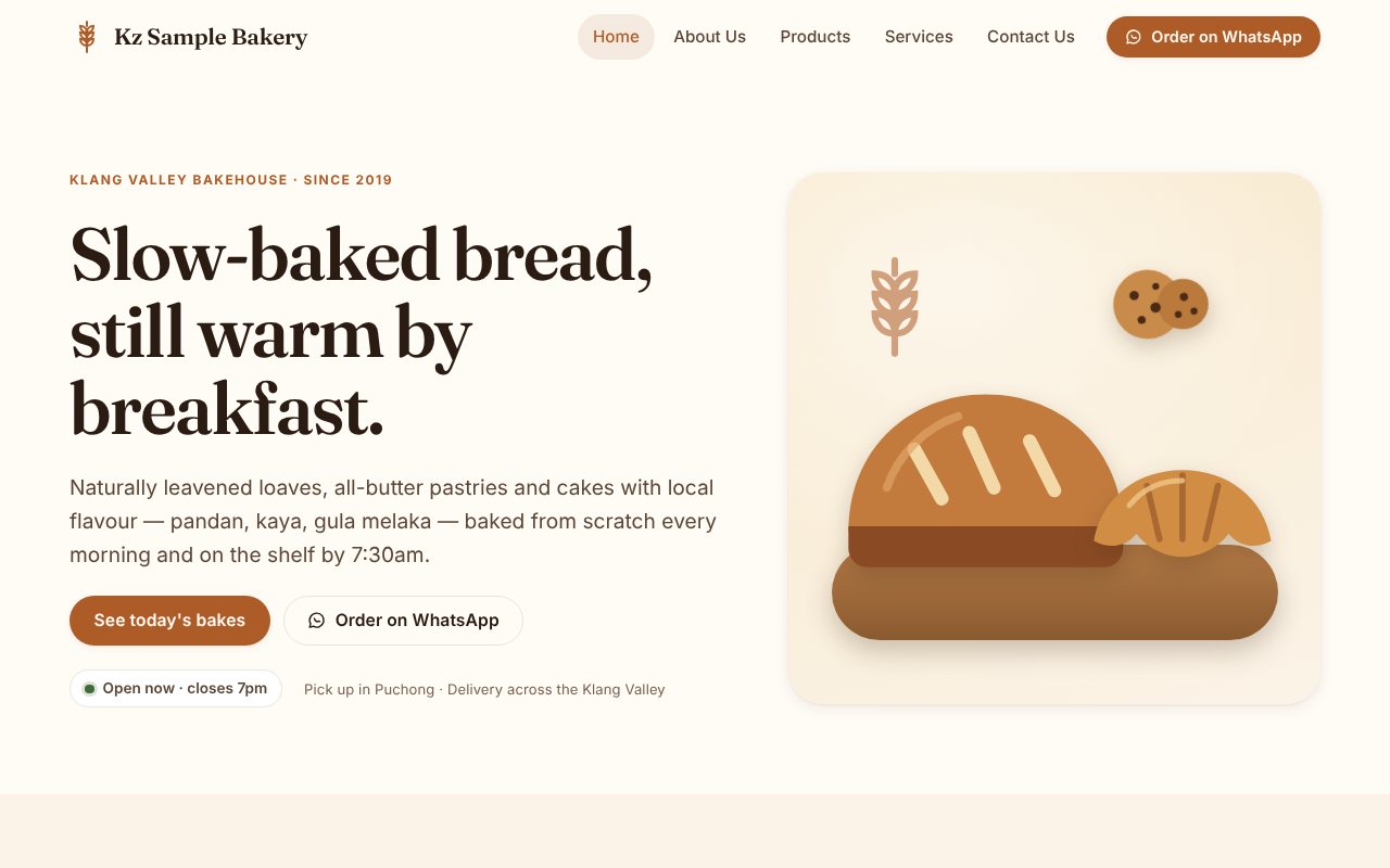 Homepage of the Kz Sample Bakery concept site