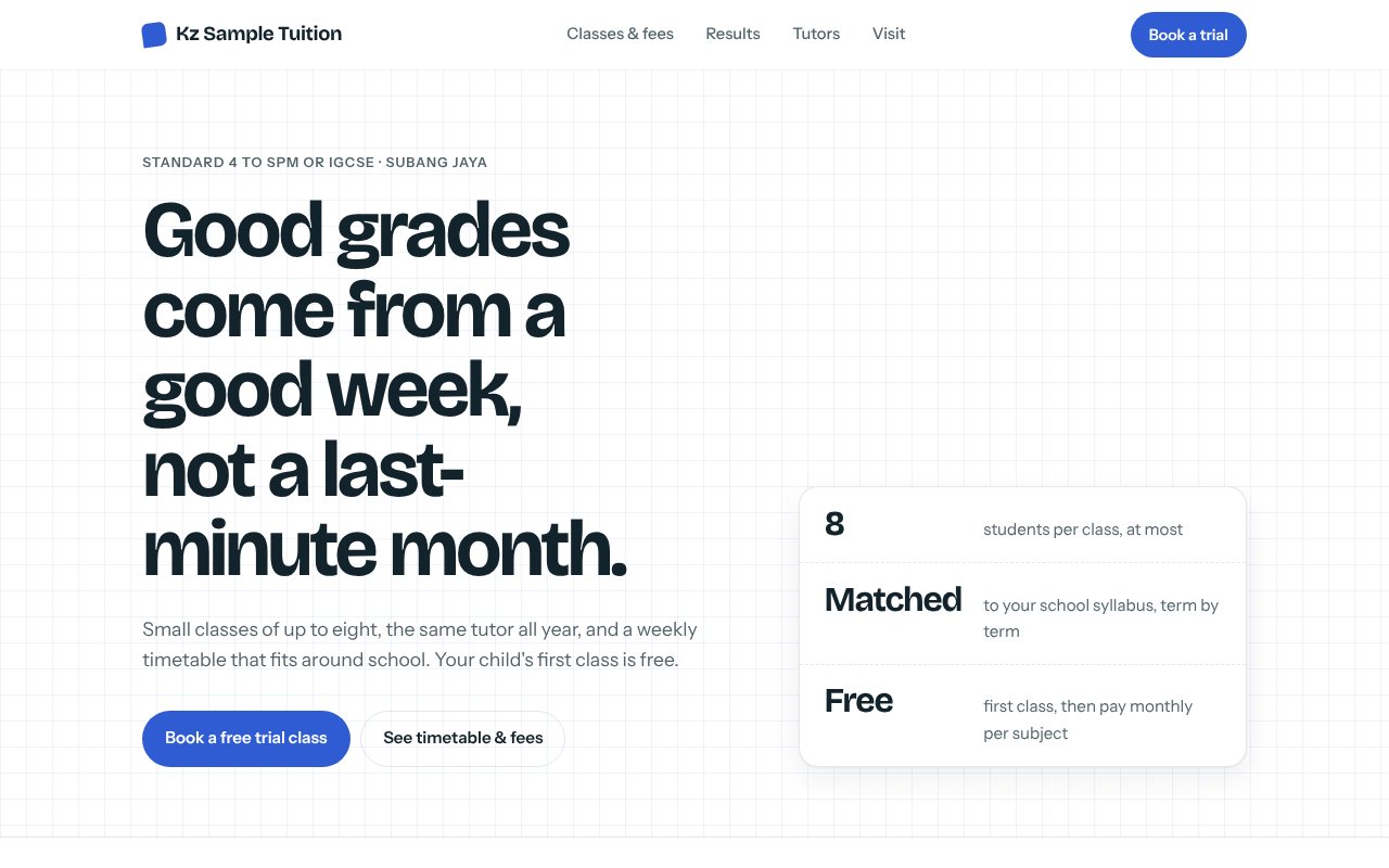 Homepage of the Kz Sample Tuition concept site